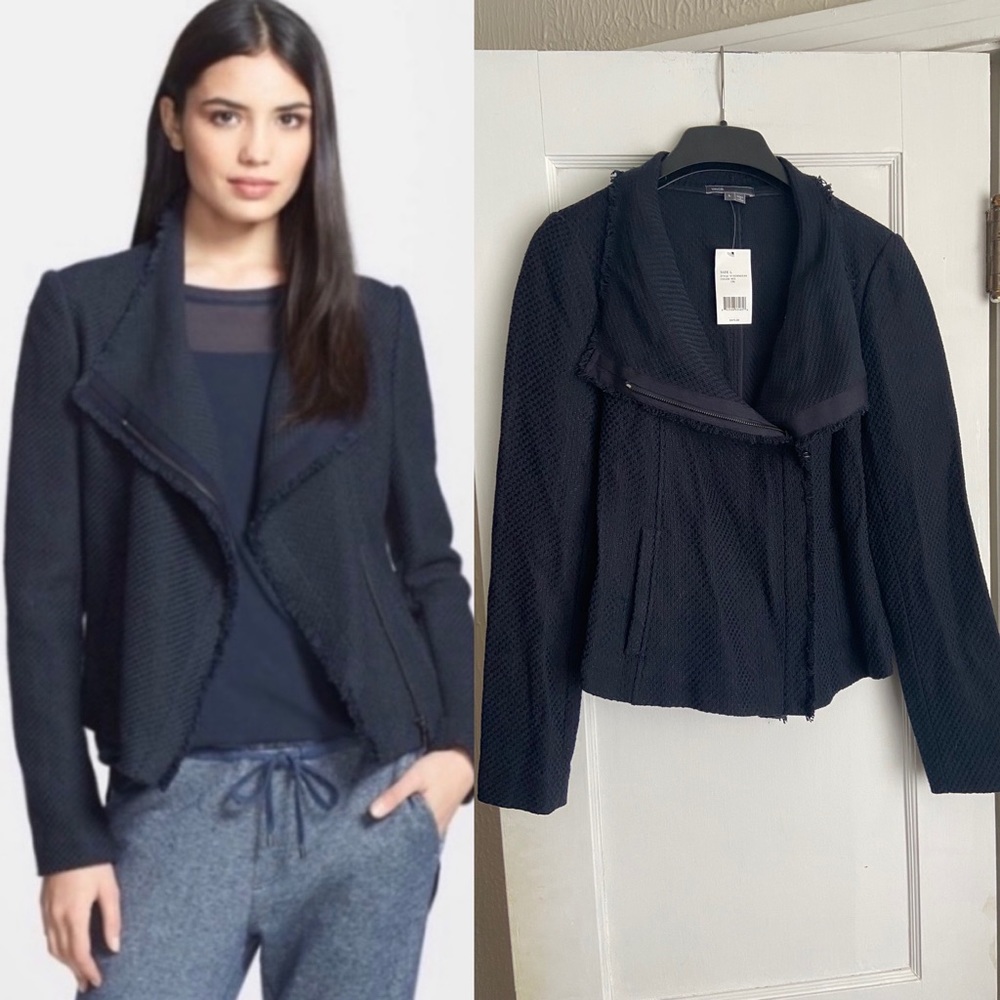 🎉 Host Pick! 🎉 NWT VINCE Navy Frayed Edge Moto Zip Jacket $475 L